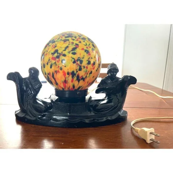 Antique Art NOVEAU Deco Lamp End of Day Glass Shade & Black Iron Base TESTED - Picture 1 of 10